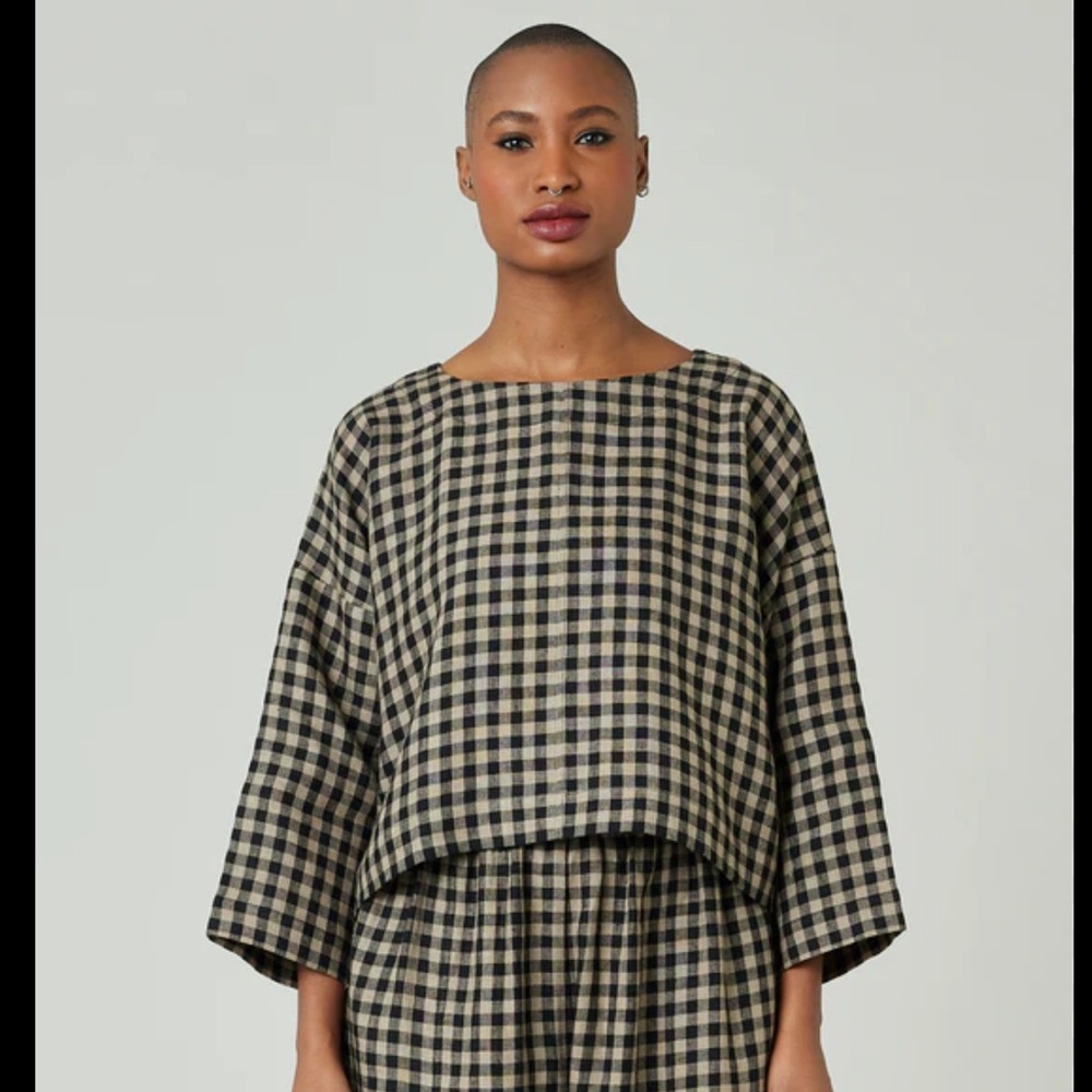 Beyond None Lily Coffee Gingham flare sleeve linen Top